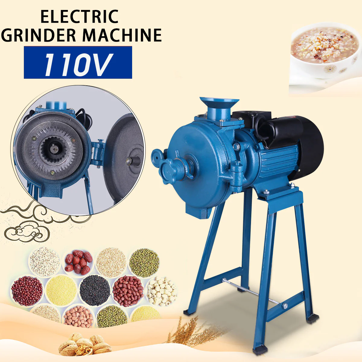 New Wet and Dry Flour Grain Grinding Machine – Electric Mill Grinder for Rice, Corn, Spices & More B35924