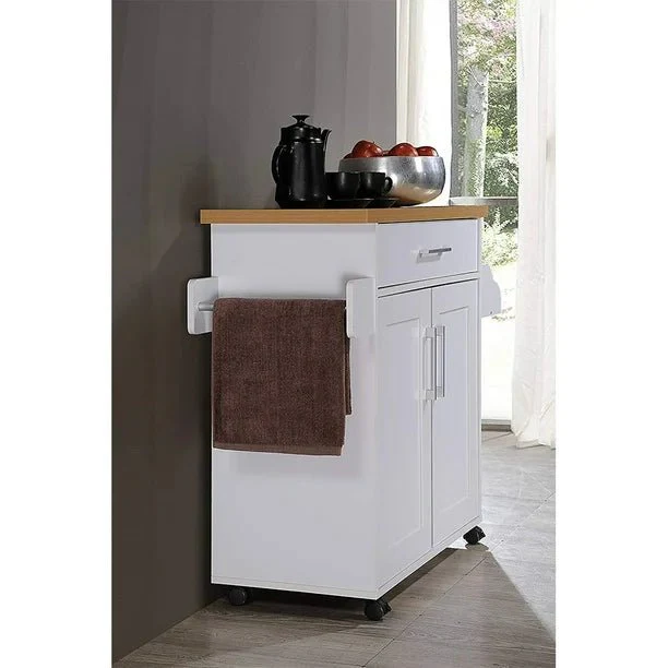 Wheeled White Kitchen Island Cart with Storage, Drawer & Spice Rack – SKU JWKT20042303 - Image 2