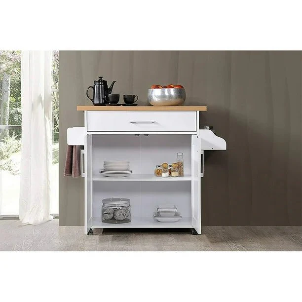 Wheeled White Kitchen Island Cart with Storage, Drawer & Spice Rack – SKU JWKT20042303 - Image 3