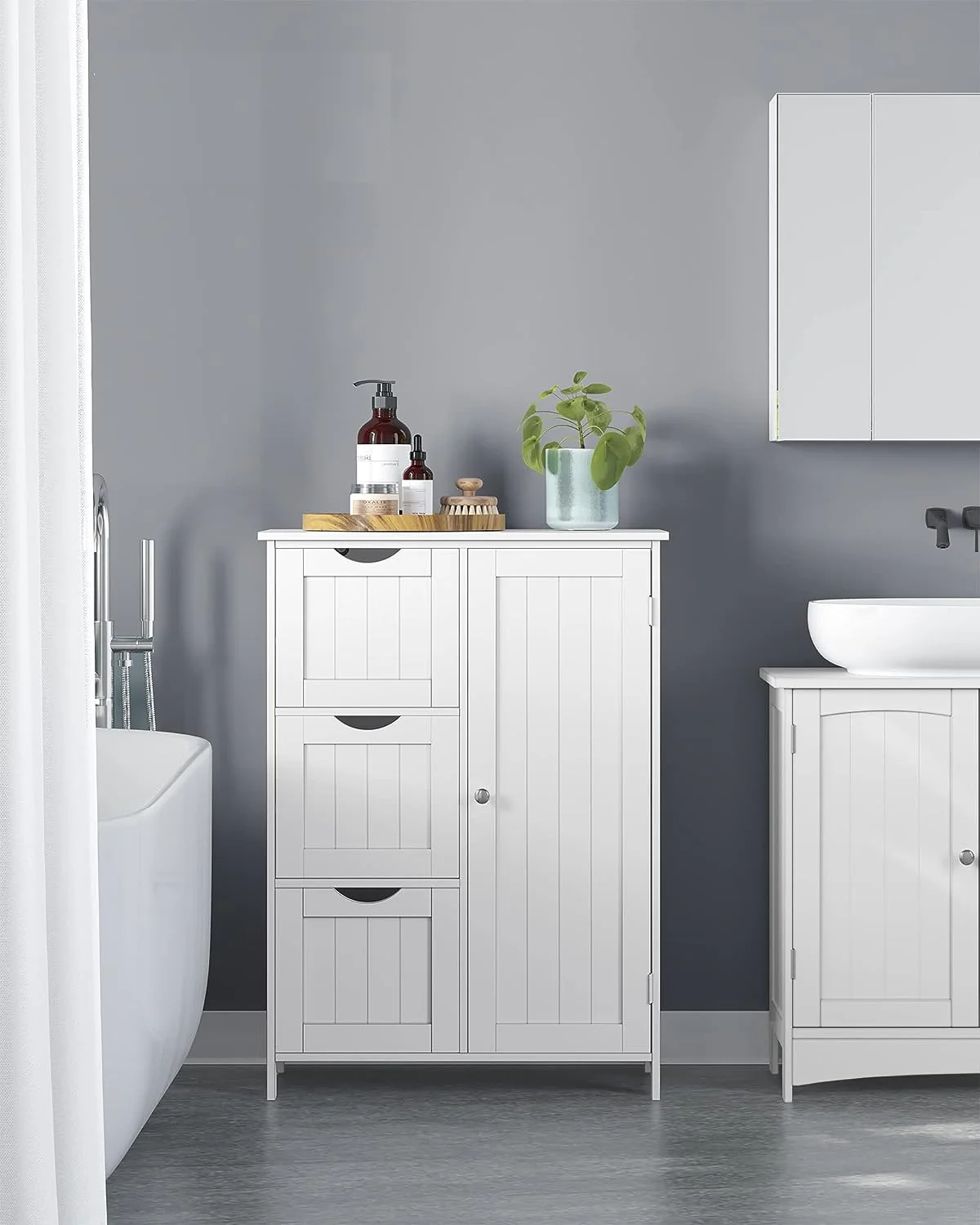 New White Bathroom Storage Floor Cabinet – 3 Drawers & Adjustable Shelf BBC49WT