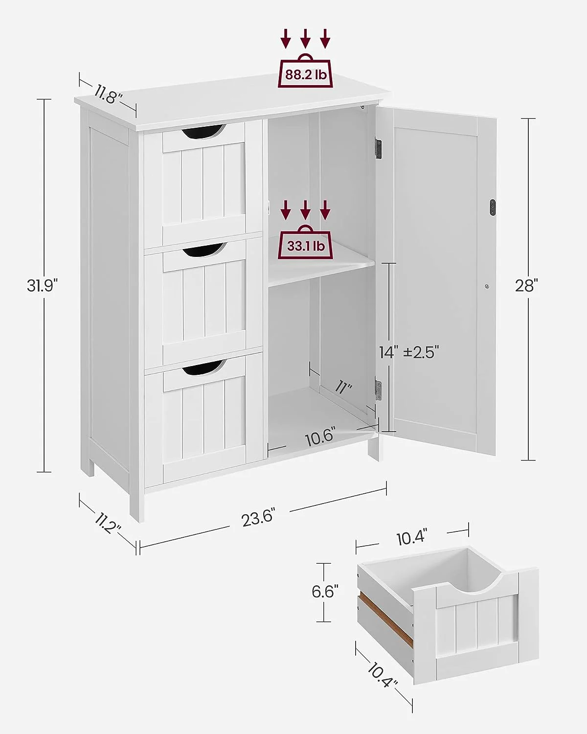 New White Bathroom Storage Floor Cabinet – 3 Drawers & Adjustable Shelf BBC49WT - Image 2
