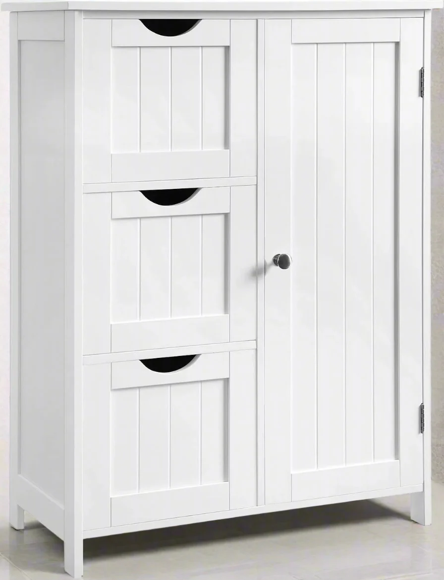 New White Bathroom Storage Floor Cabinet – 3 Drawers & Adjustable Shelf BBC49WT - Image 3