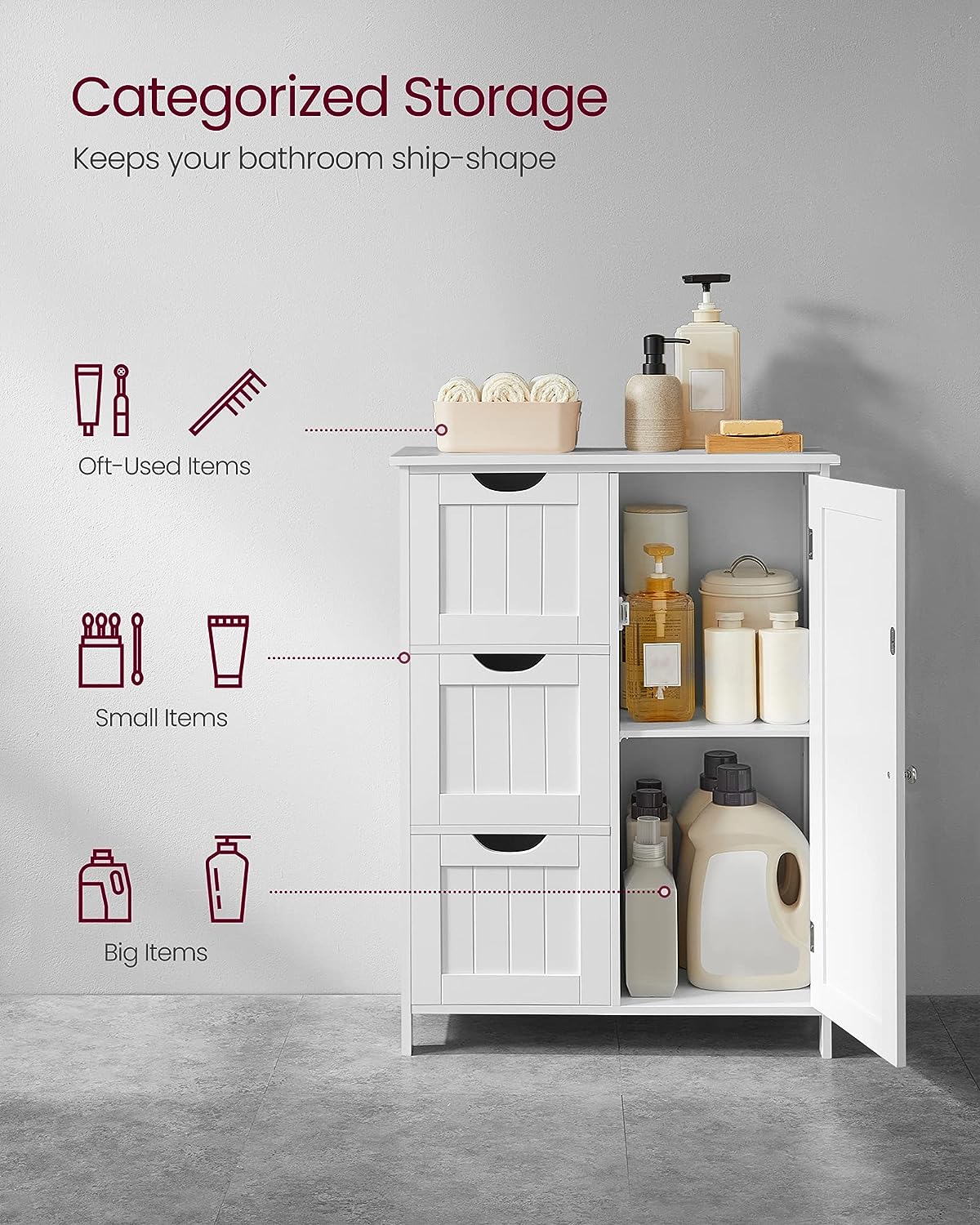 New White Bathroom Storage Floor Cabinet – 3 Drawers & Adjustable Shelf BBC49WT - Image 8