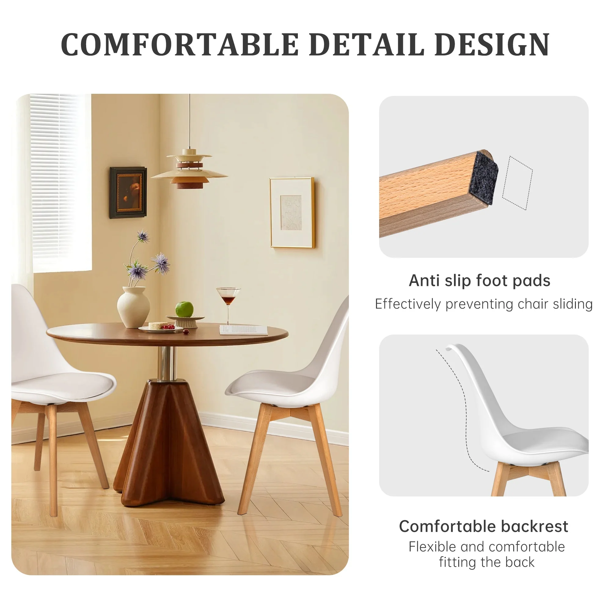 4-Piece Modern White Dining Chair Set – Matte Plastic Seats with Wooden Legs | SKU: AMPVC04 - Image 4