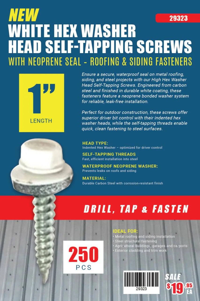 White Hex Washer Siding Head Self-Tapping Screws with Neoprene Seal – Roofing & Siding Fasteners | 1", 1.5", 2" | Carbon Steel - Image 3
