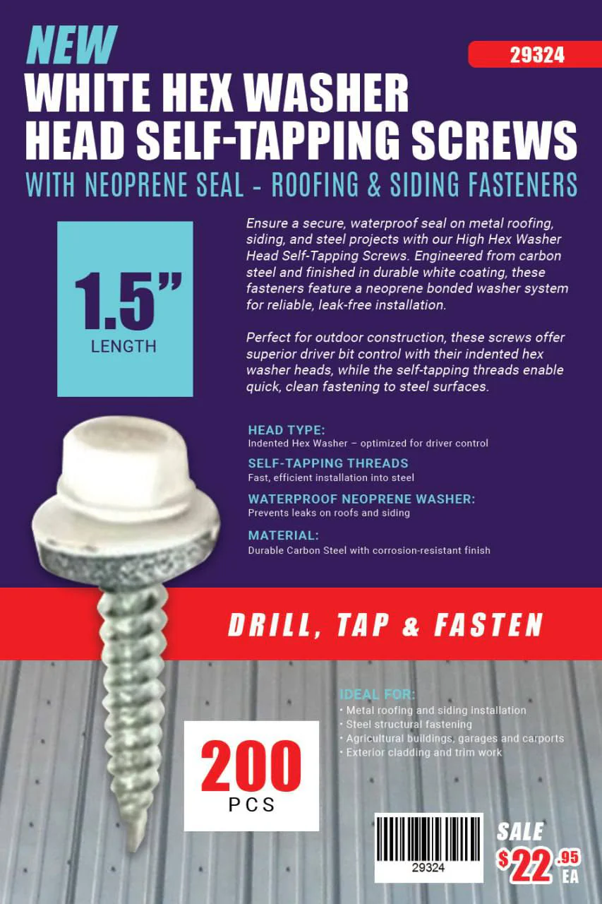 White Hex Washer Siding Head Self-Tapping Screws with Neoprene Seal – Roofing & Siding Fasteners | 1", 1.5", 2" | Carbon Steel - Image 4
