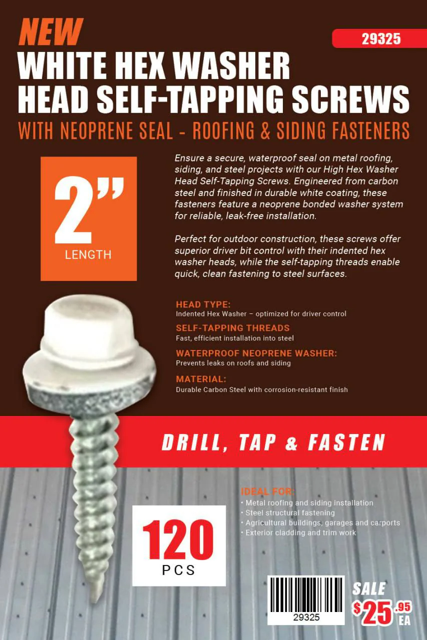 White Hex Washer Siding Head Self-Tapping Screws with Neoprene Seal – Roofing & Siding Fasteners | 1", 1.5", 2" | Carbon Steel - Image 5
