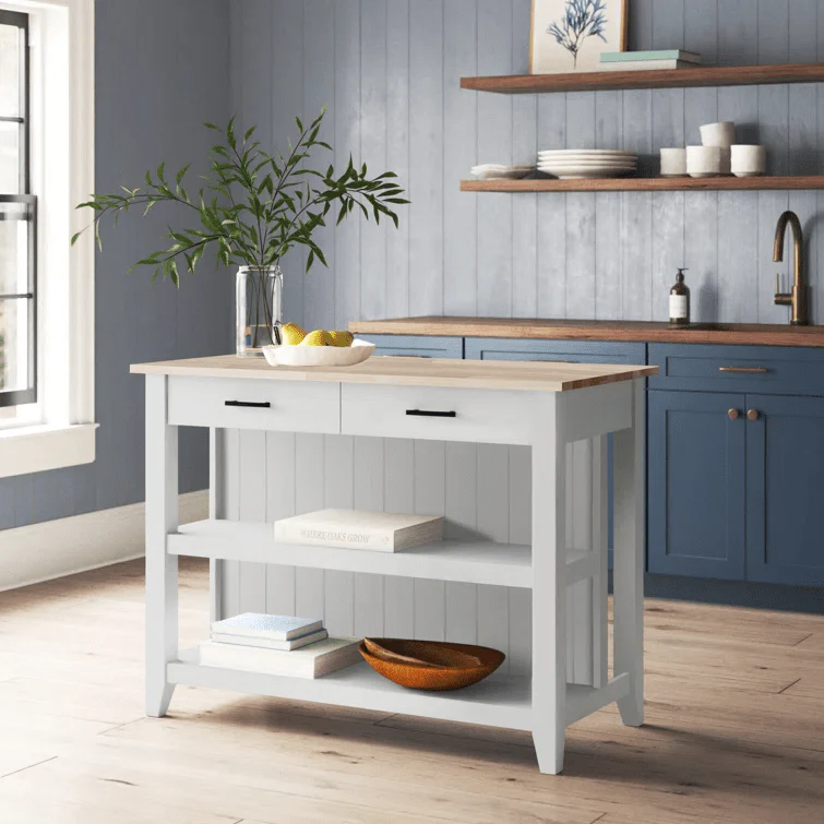 White Kitchen Island with Open Shelves &amp; 2 Stools – Modern Farmhouse Style KI001W