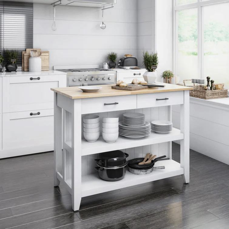 White Kitchen Island with Open Shelves &amp; 2 Stools – Modern Farmhouse Style KI001W - Image 3