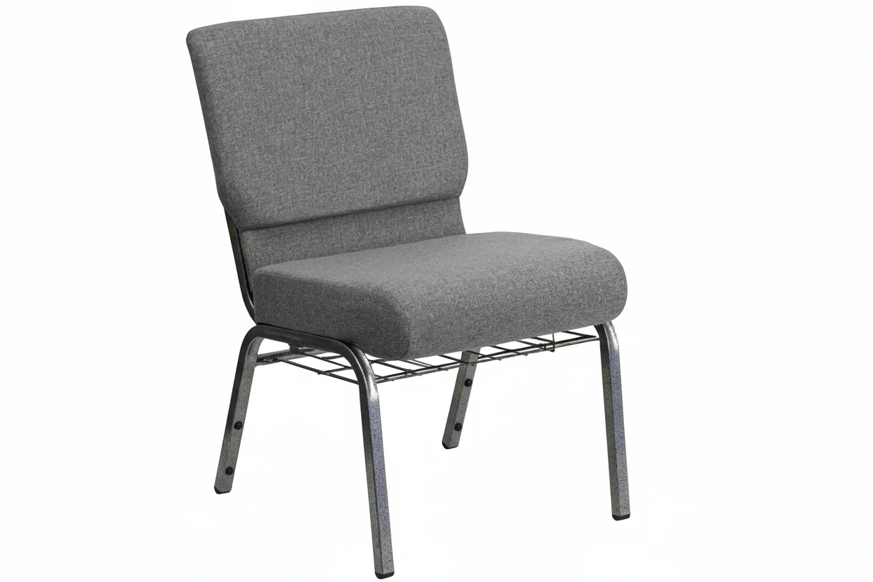 Wide Church & Banquet Chair with Book Rack – 800 lb Capacity | Gray Upholstery, Black Steel Frame - 2504021