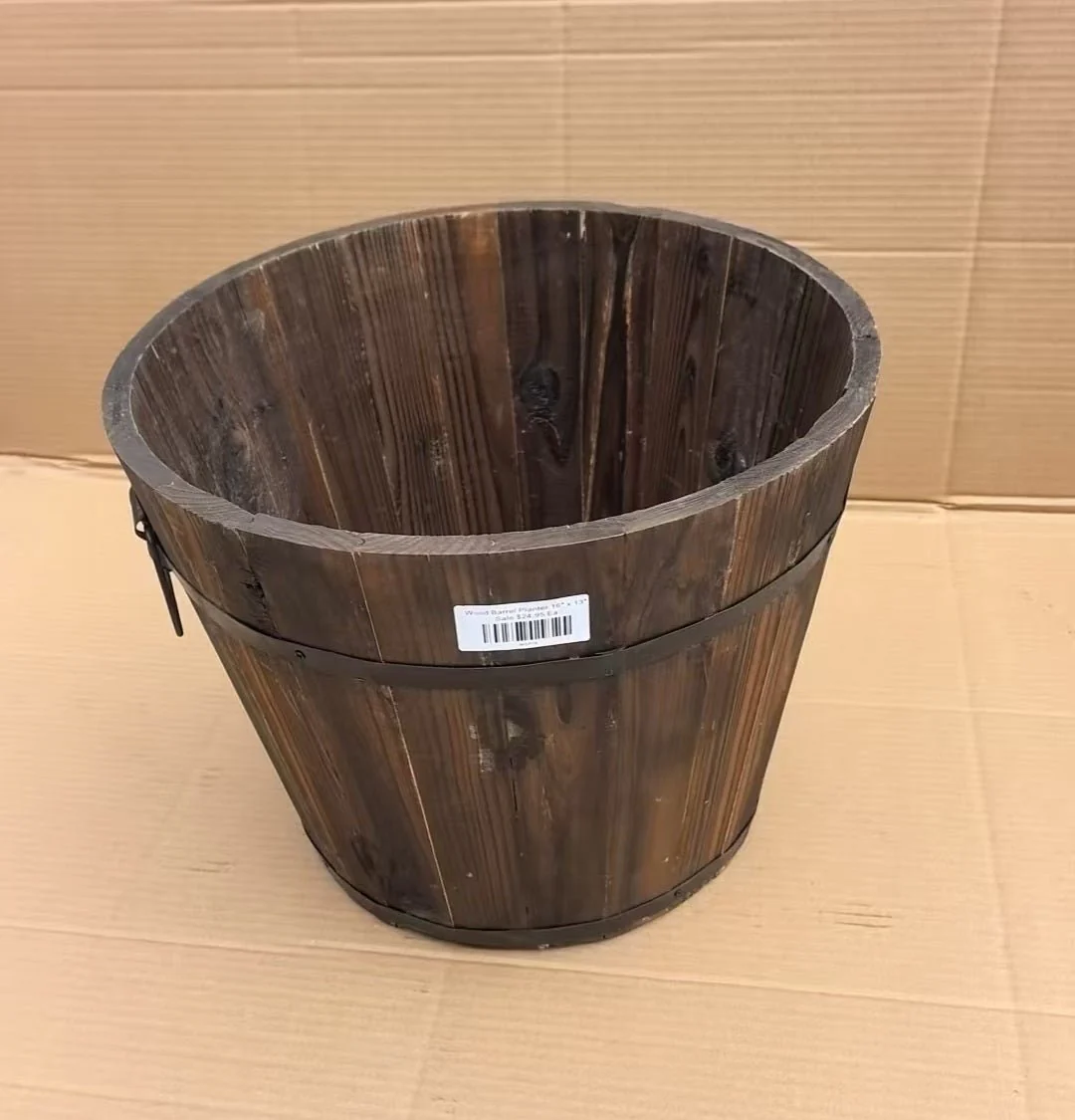 Rustic Wooden Barrel Planter 16" x 13" – Decorative Garden Pot for Indoor & Outdoor Plants | WGP16 - Image 2