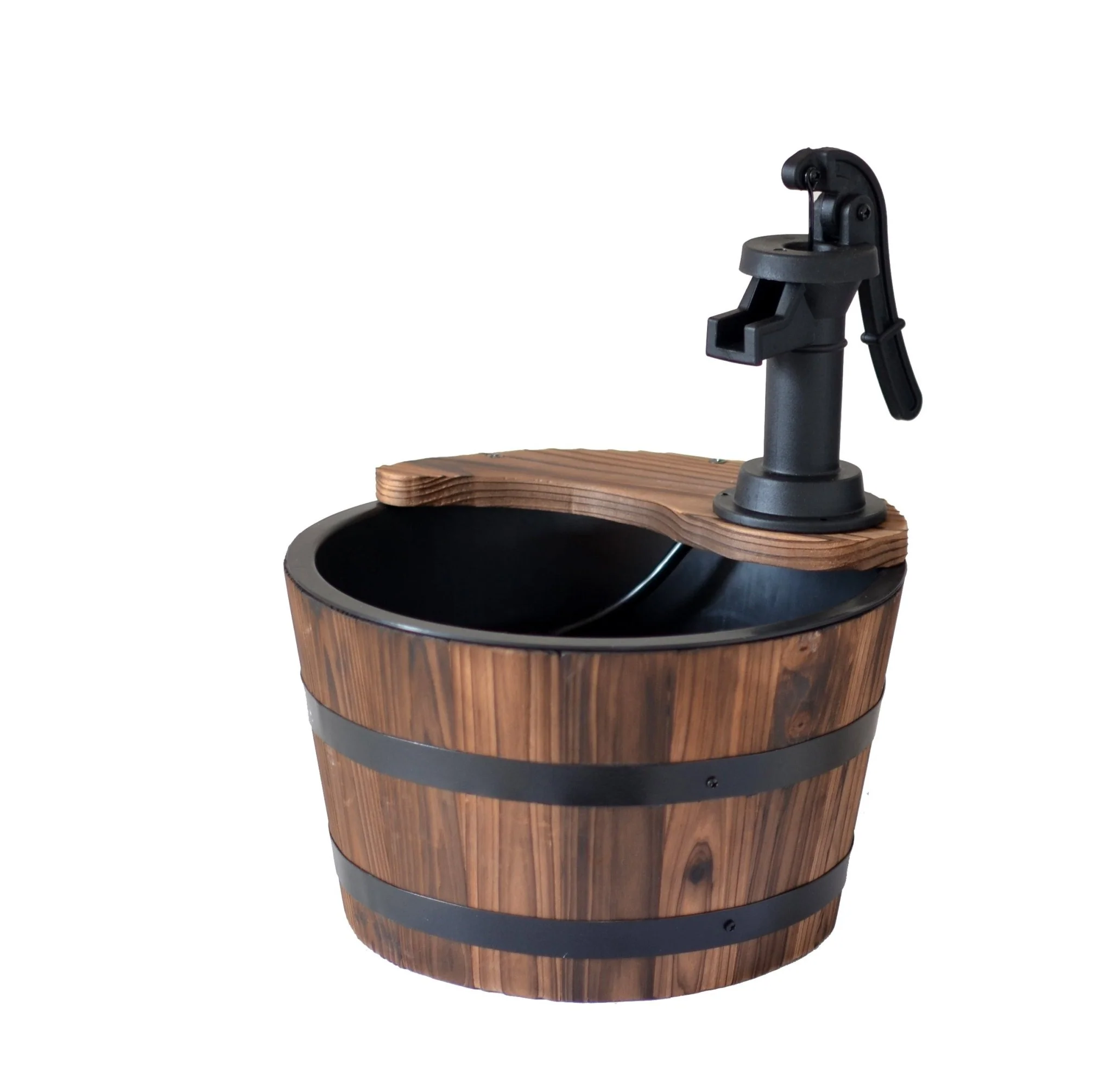 Wood Barrel Water Fountain – Rustic Hand Pump Outdoor Garden Decor WWF48 - Image 2