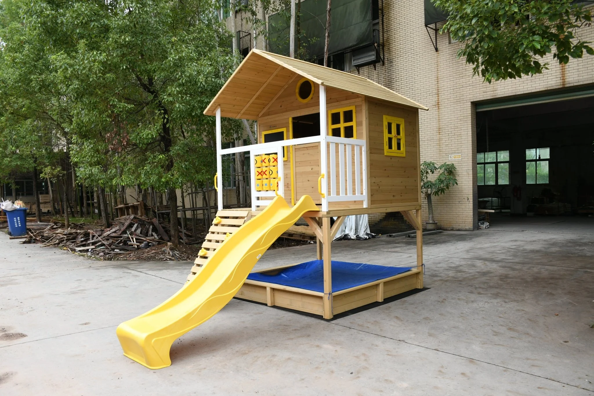 Wood Kids Playhouse with Slide, Climbing Wall & Ladder – Outdoor Fir Wood Playset C225 - Image 2