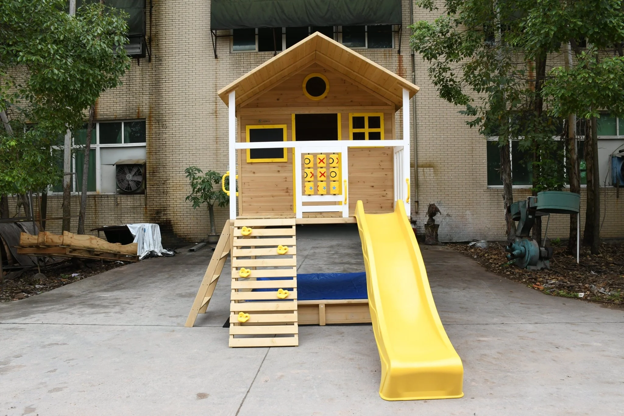 Wood Kids Playhouse with Slide, Climbing Wall & Ladder – Outdoor Fir Wood Playset C225 - Image 3