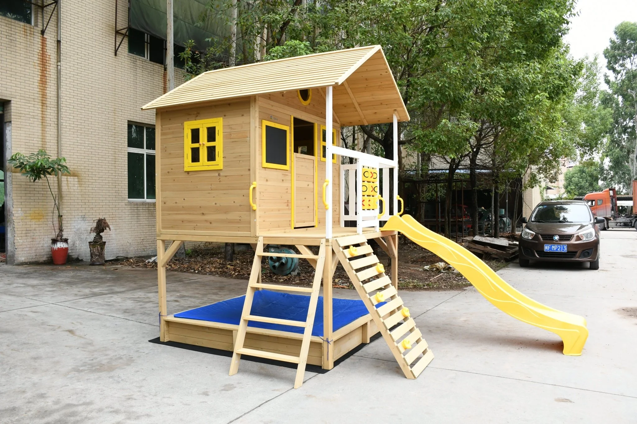 Wood Kids Playhouse with Slide, Climbing Wall & Ladder – Outdoor Fir Wood Playset C225 - Image 4