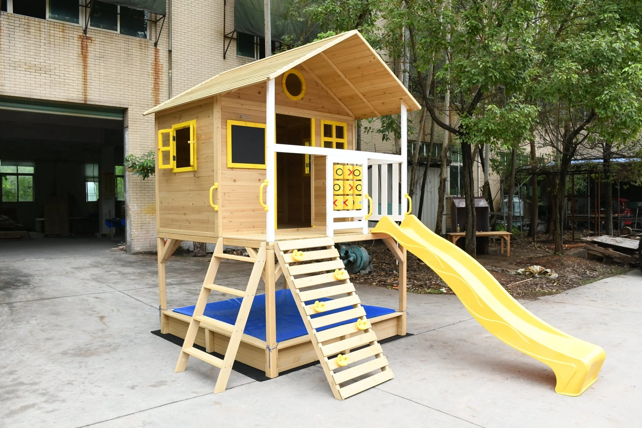Wood Kids Playhouse with Slide, Climbing Wall & Ladder – Outdoor Fir Wood Playset C225 - Image 7
