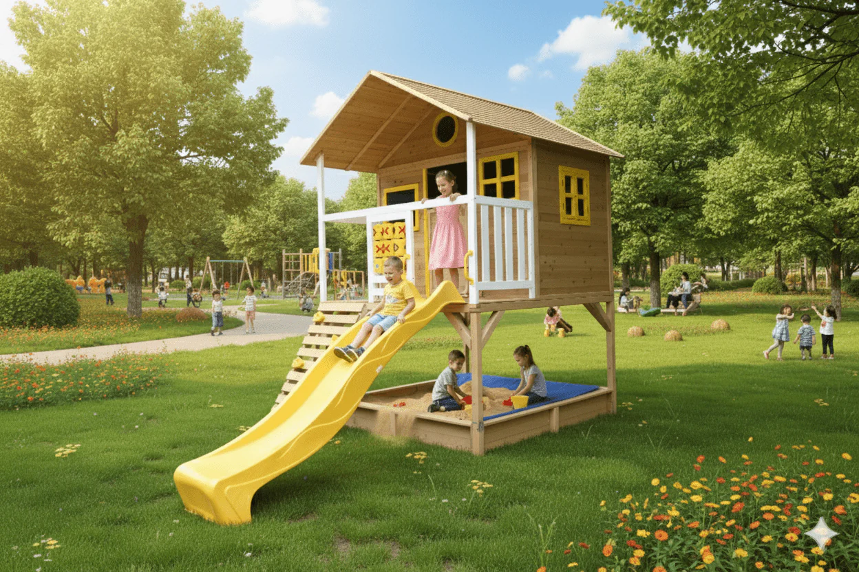Wood Kids Playhouse with Slide, Climbing Wall & Ladder – Outdoor Fir Wood Playset C225 - Image 8