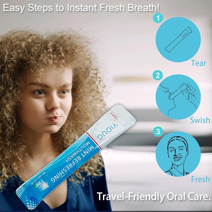 YIOUG Portable Travel Mouthwash Packets – Mint Alcohol-Free Oral Rinse Strips, 20 Count - Image 3