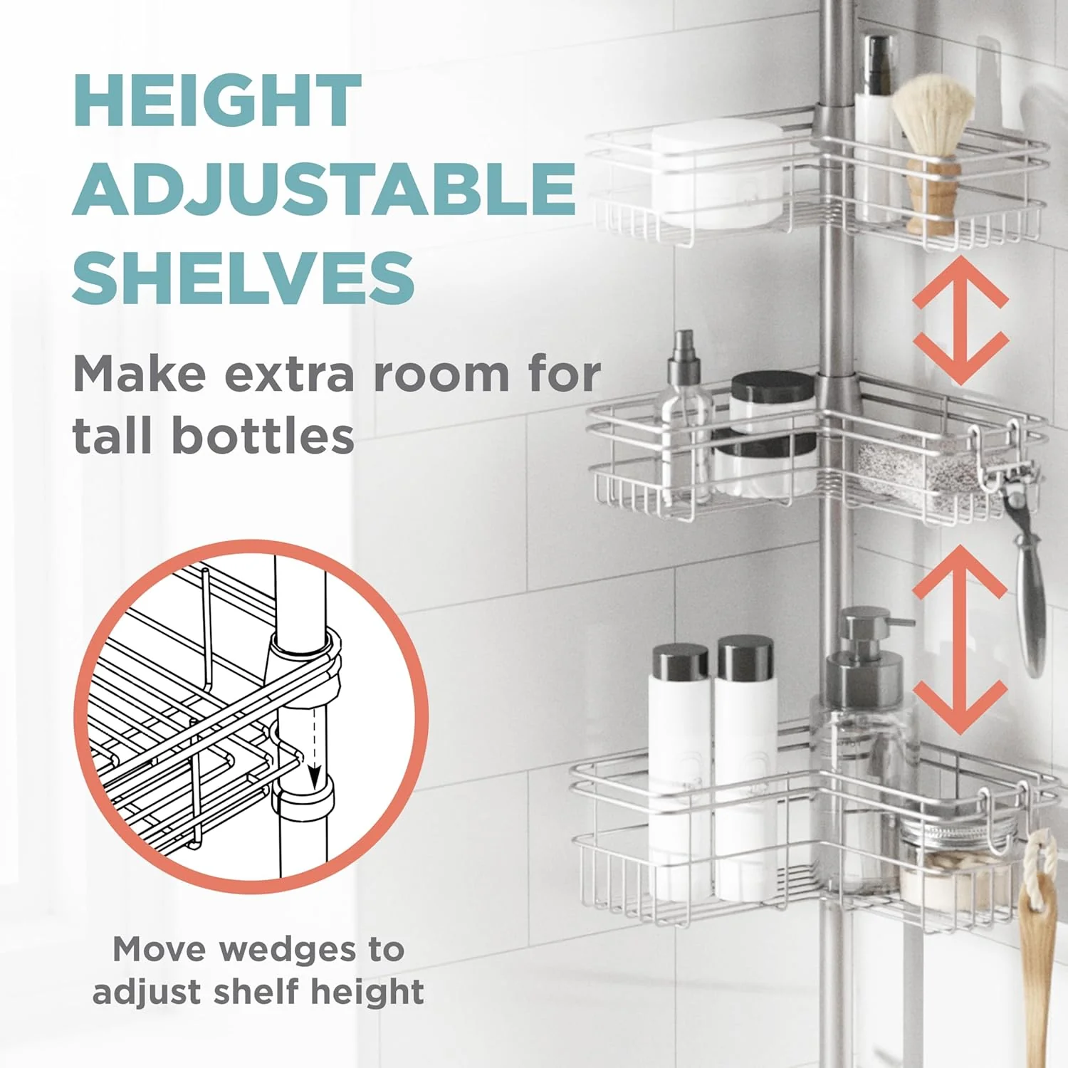 Zenna Home 2159NN Tension Pole Shower Caddy, Satin Nickel - Image 4